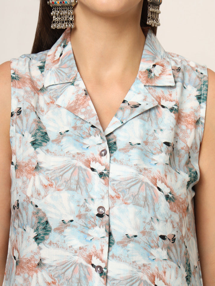 Sky-Blue-Rayon-Floral-Printed-Sleeveless-2-Piece-Kurta-Set
