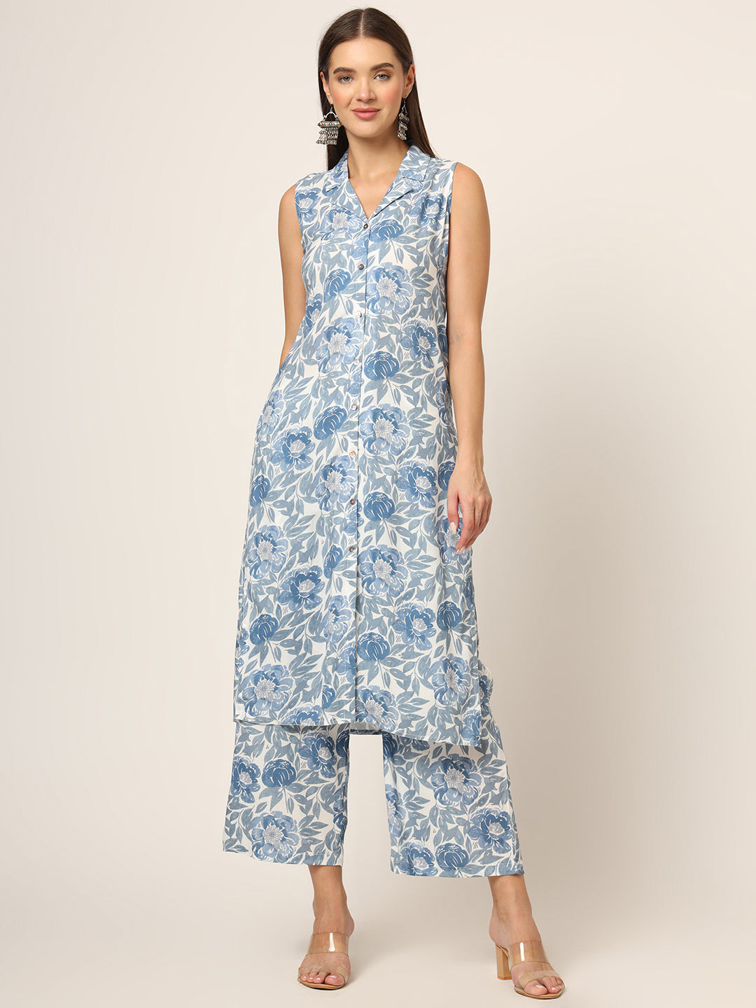 Blue-Rayon-Floral-Printed-Sleeveless-2-Piece-Kurta-Set