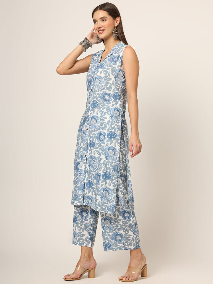 Blue-Rayon-Floral-Printed-Sleeveless-2-Piece-Kurta-Set