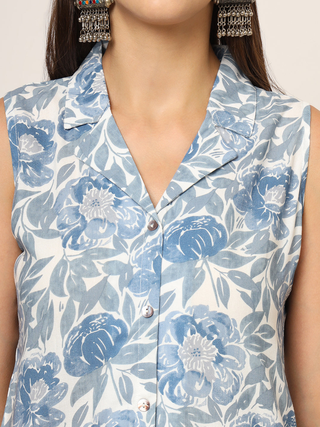 Blue-Rayon-Floral-Printed-Sleeveless-2-Piece-Kurta-Set