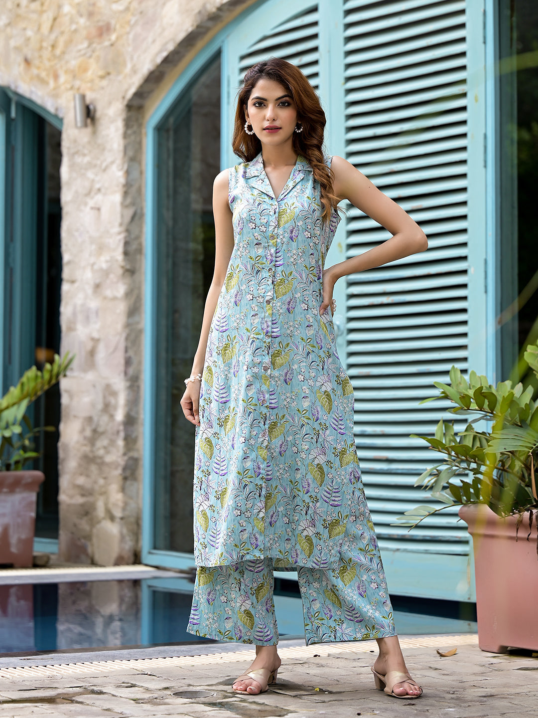 Sky-Blue-Rayon-Floral-Printed-A-Line-2-Piece-Kurta-Set