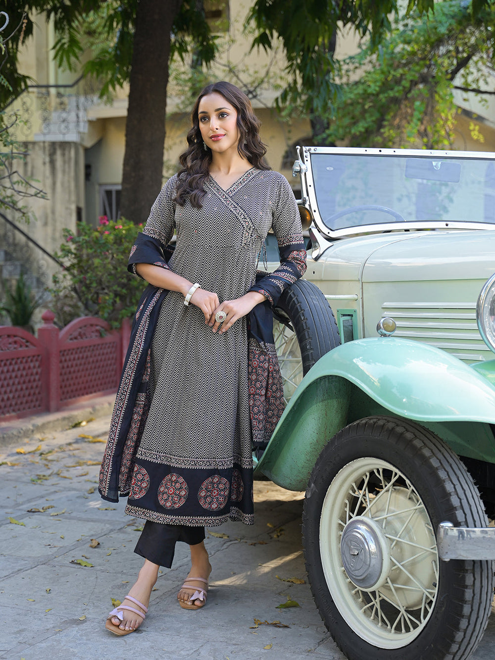Black-Cotton-Textured-Anarkali-Kurta-Set-With-Dupatta
