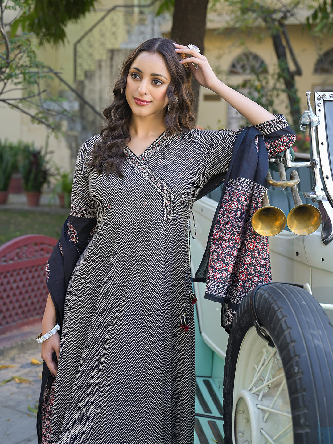 Black-Cotton-Textured-Anarkali-Kurta-Set-With-Dupatta