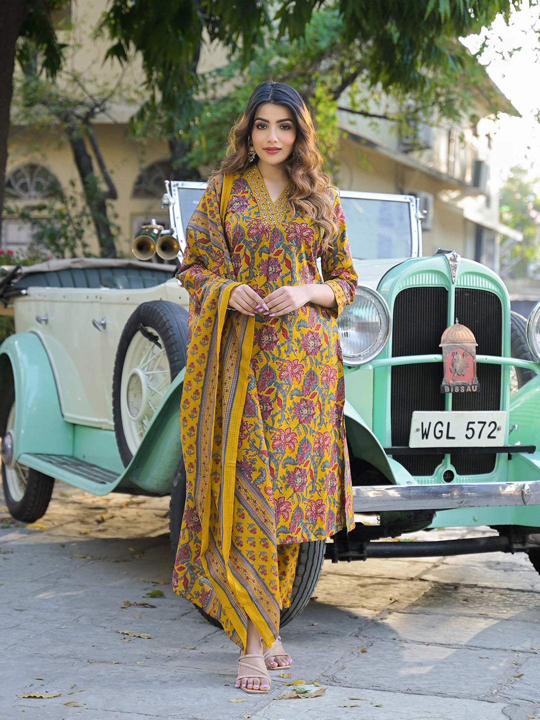 Yellow-Cotton-Floral-A-Line-3-Piece-Kurta-Set