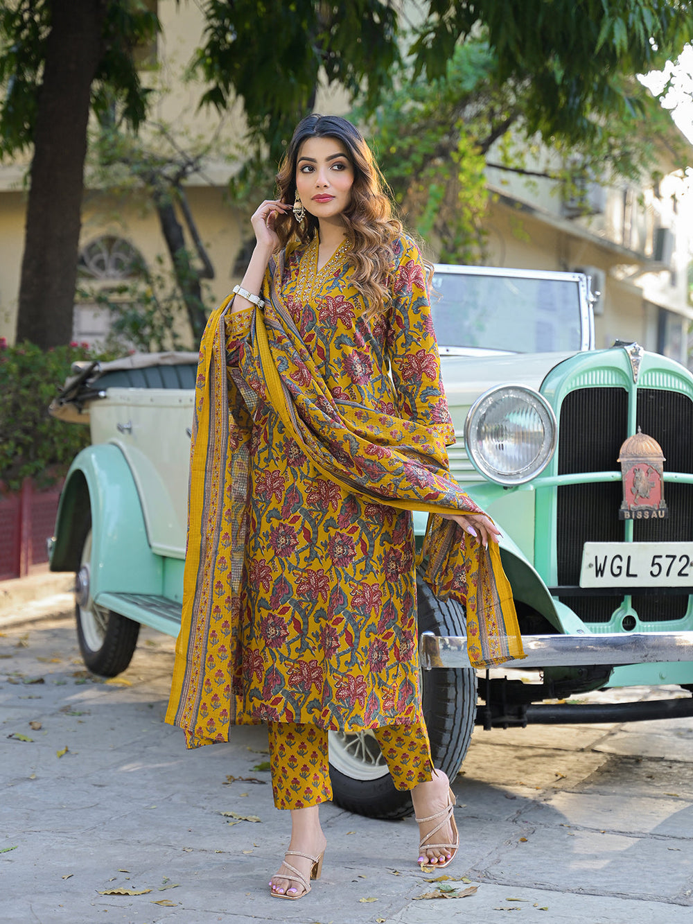 Yellow-Cotton-Floral-A-Line-3-Piece-Kurta-Set