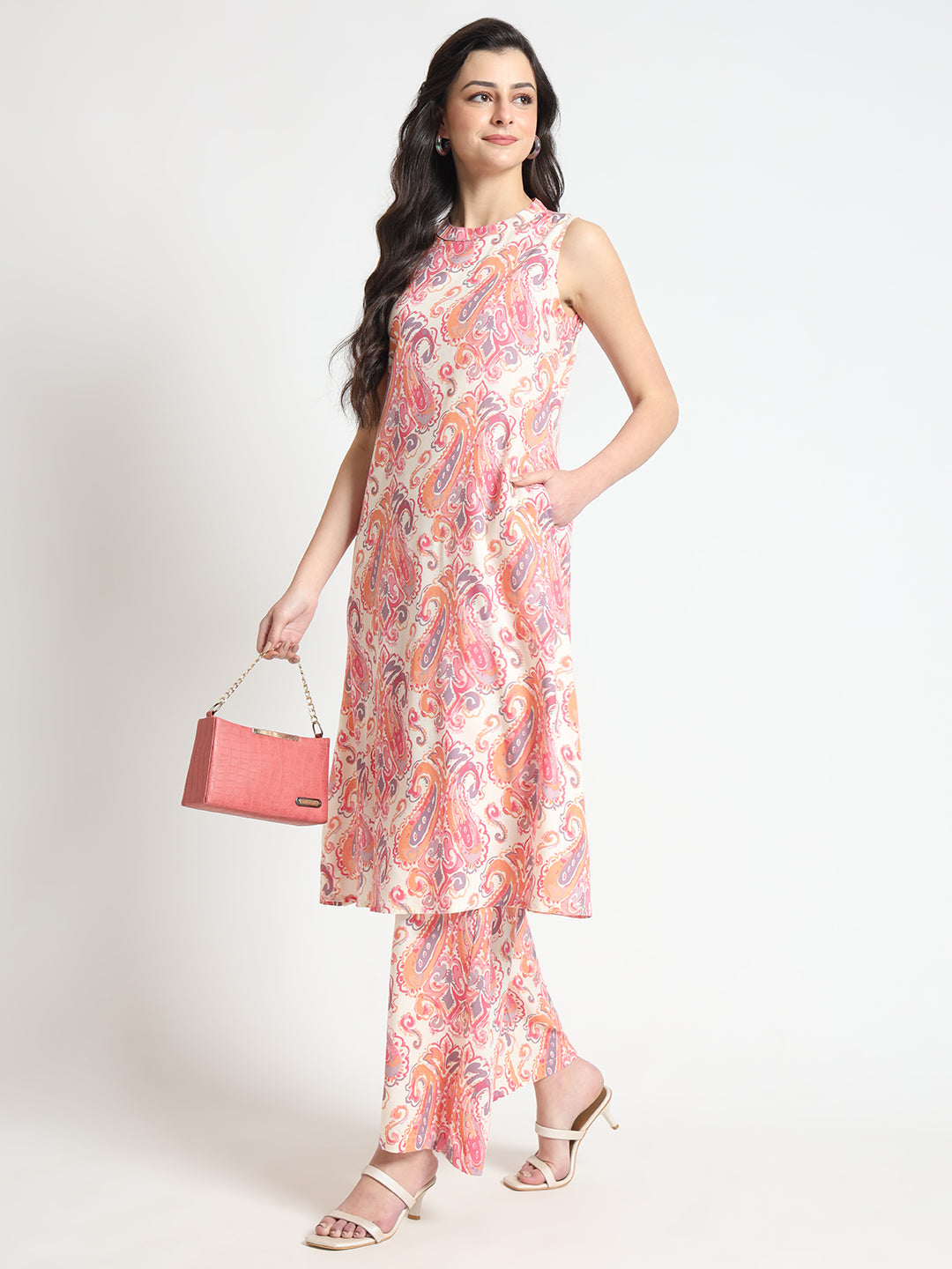 Cream-Pink-Rayon-Floral-Print-Straight--2-Piece-Kurta-Set
