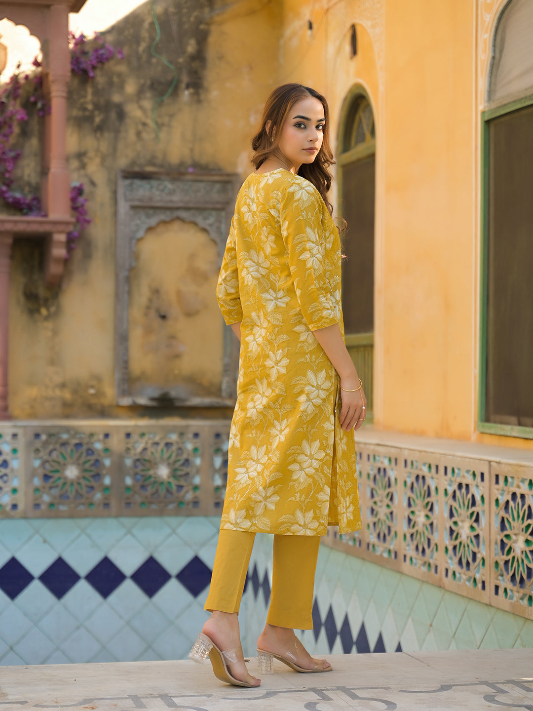 Mustard-Cotton-Floral-Print-3-Piece-Kurta-Set