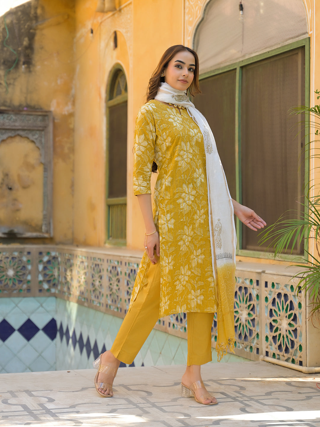 Mustard-Cotton-Floral-Print-3-Piece-Kurta-Set