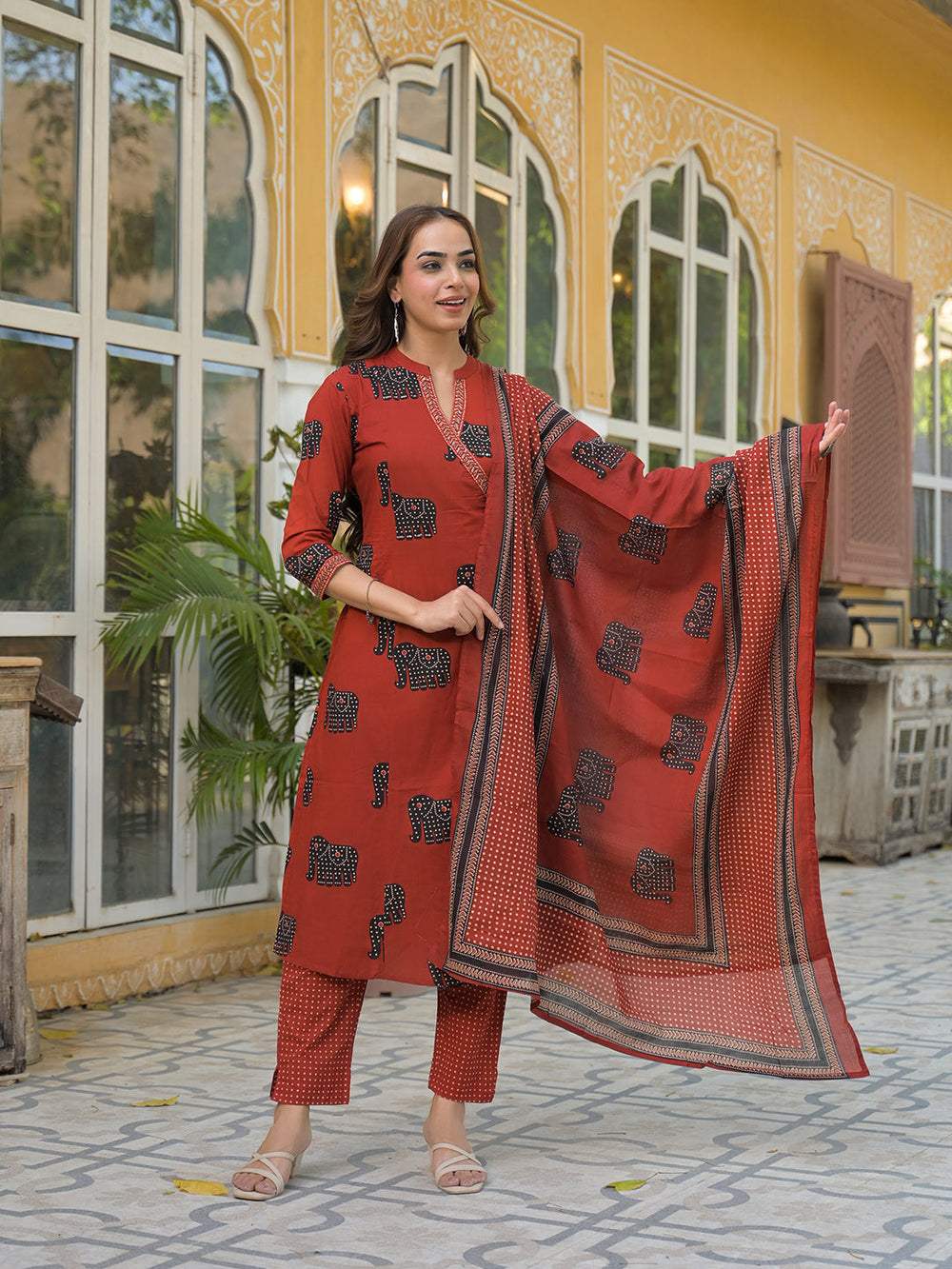 Red-Cotton-Animal-Print-A-Line-3-Piece-Kurta-Set