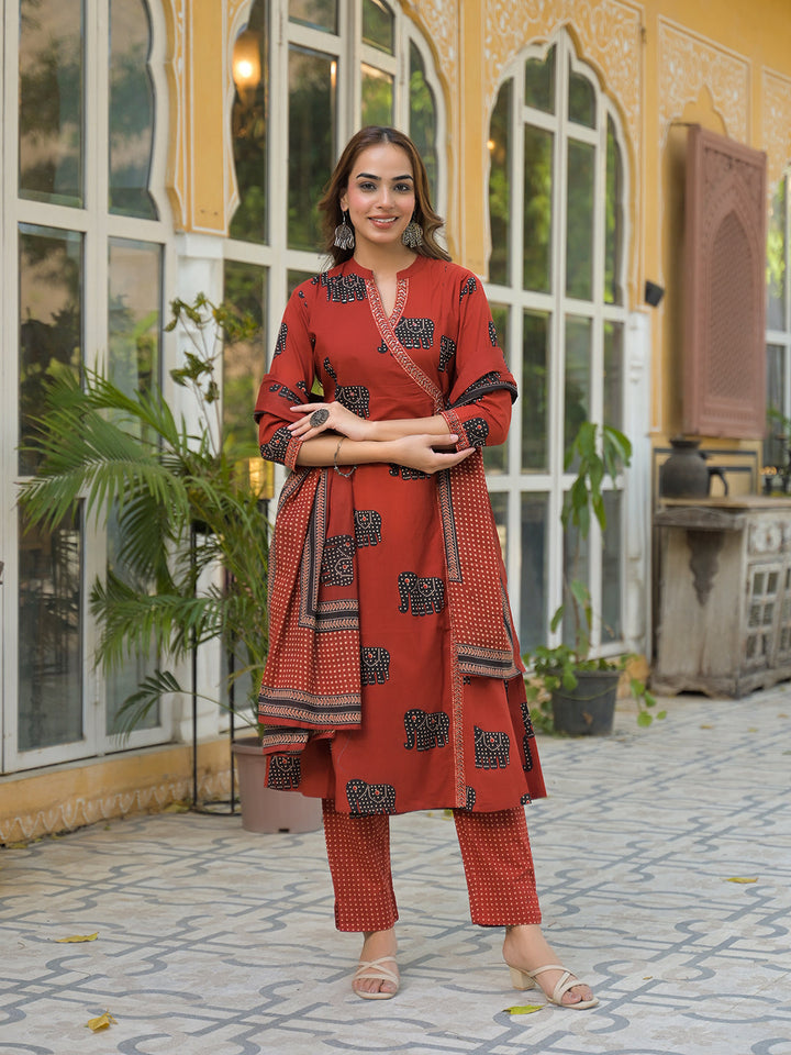 Red-Cotton-Animal-Print-A-Line-3-Piece-Kurta-Set