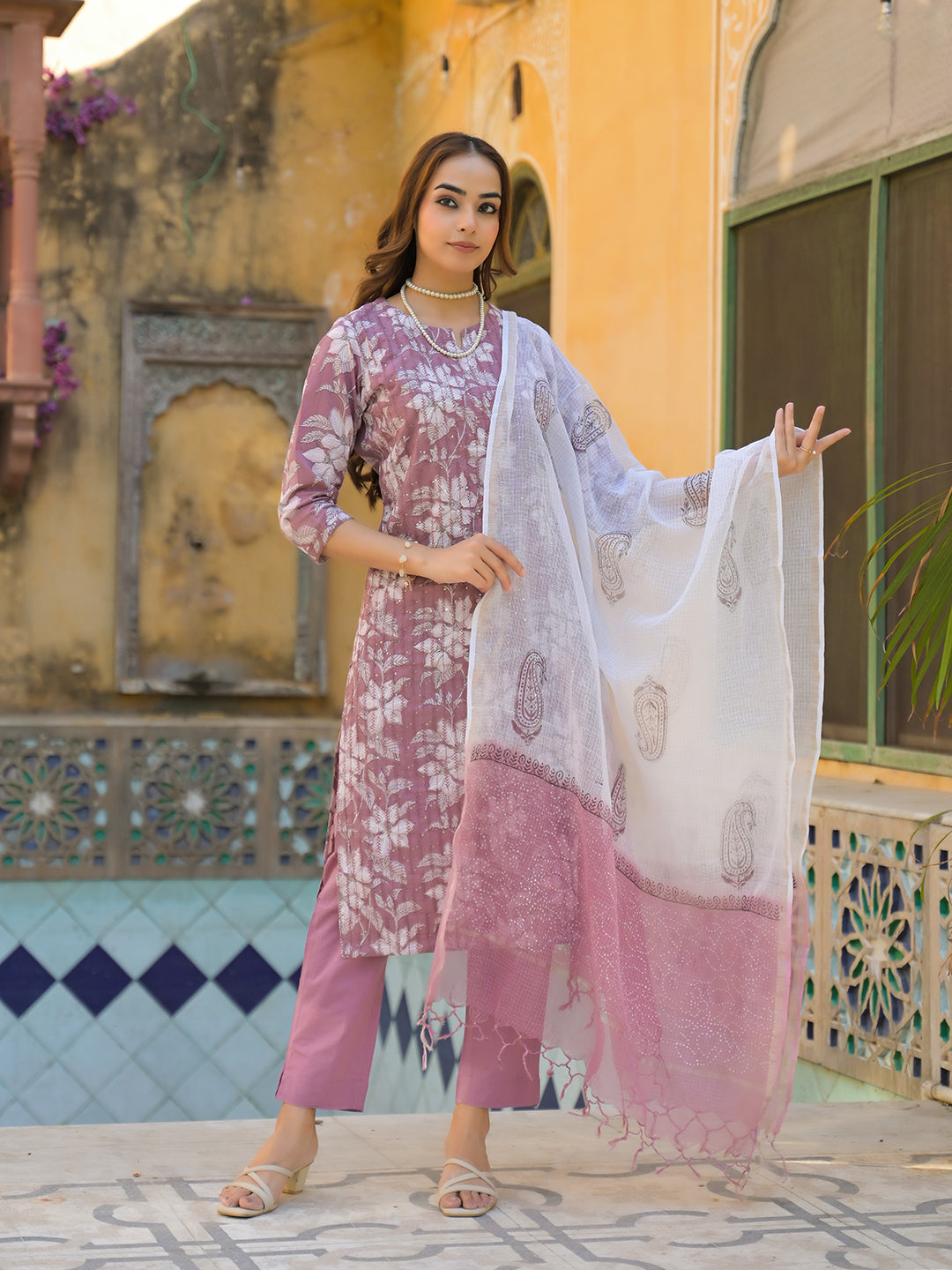 Peach-Cotton-Floral-Print-3-Piece-Kurta-Set