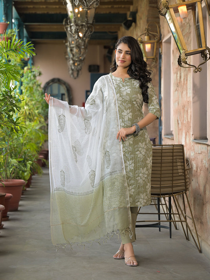 Olive-Green-Cotton-Floral-3-Piece-Kurta-Set