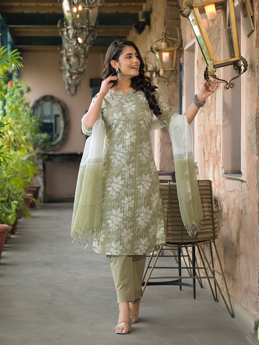 Olive-Green-Cotton-Floral-3-Piece-Kurta-Set