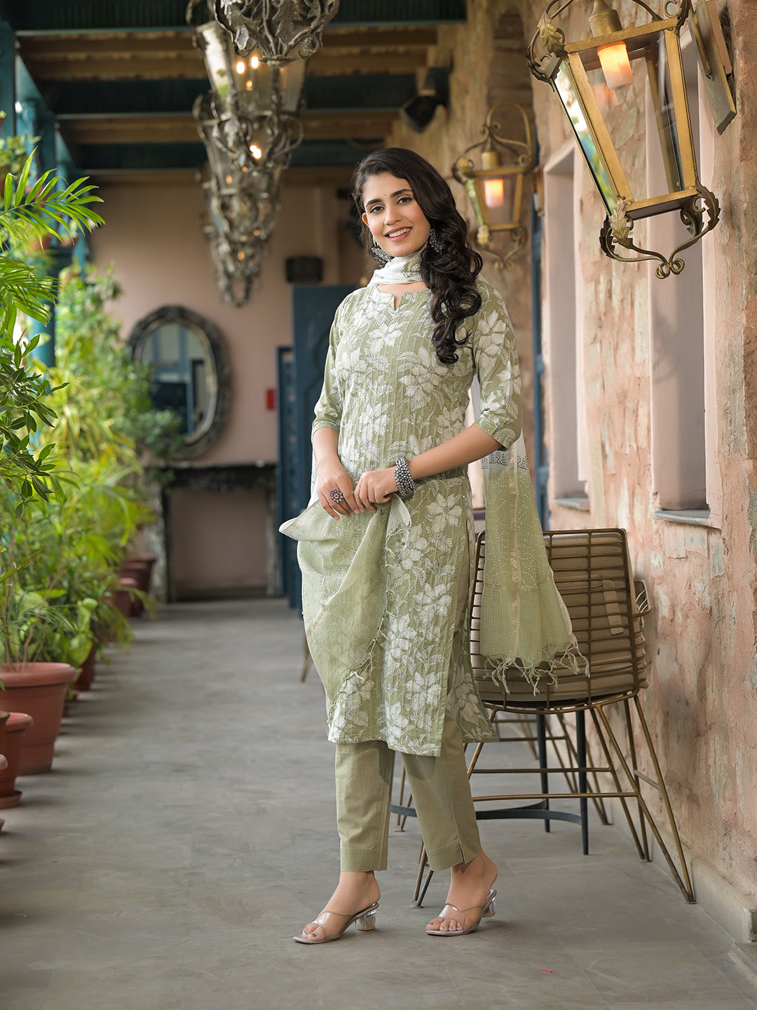 Olive-Green-Cotton-Floral-3-Piece-Kurta-Set