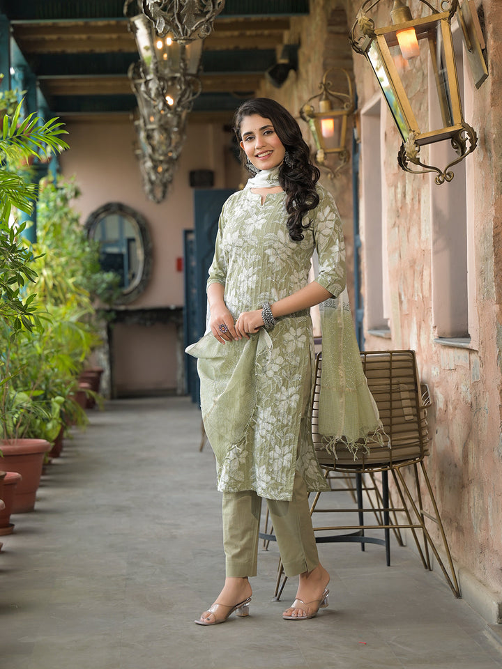 Olive-Green-Cotton-Floral-3-Piece-Kurta-Set