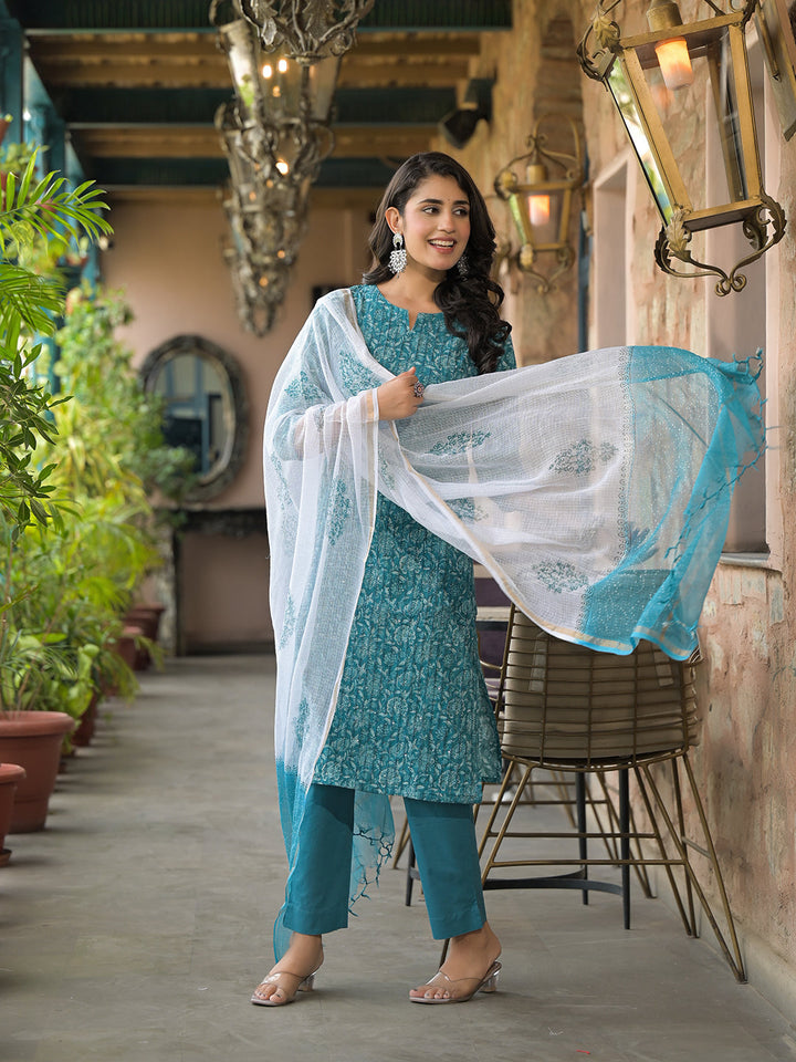 Teal-Blue-Cotton-Floral-3-Piece-Kurta-Set