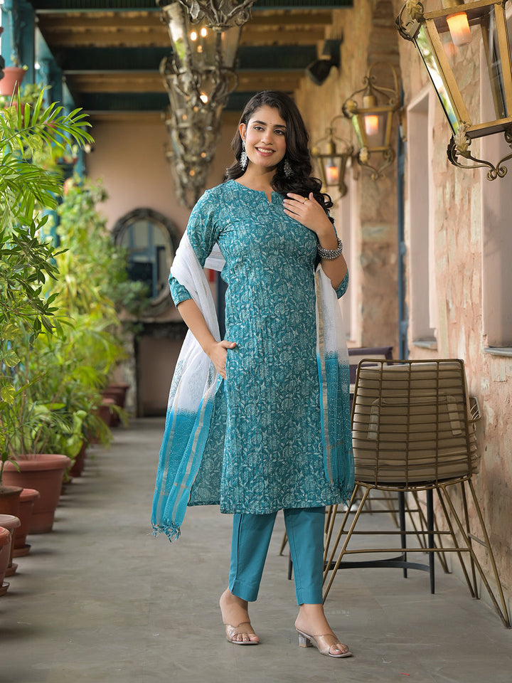 Teal-Blue-Cotton-Floral-3-Piece-Kurta-Set
