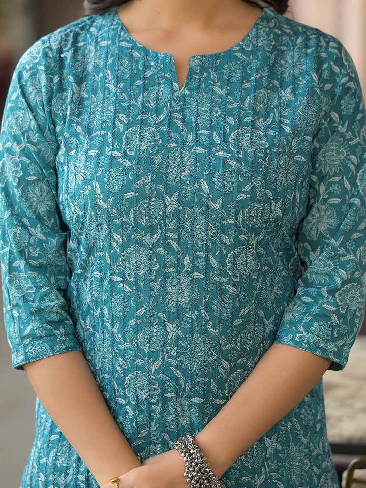 Teal-Blue-Cotton-Floral-3-Piece-Kurta-Set