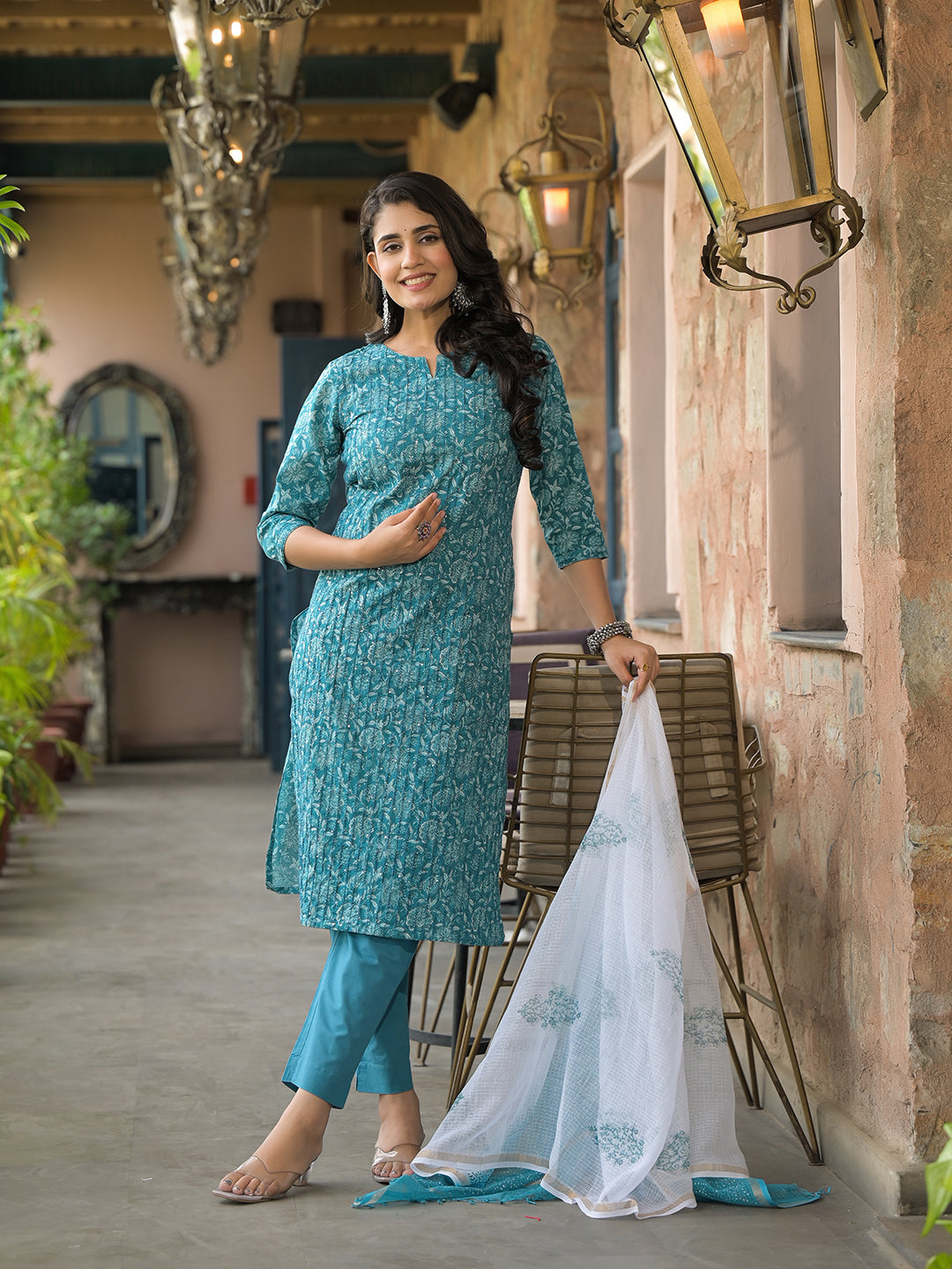 Teal-Blue-Cotton-Floral-3-Piece-Kurta-Set