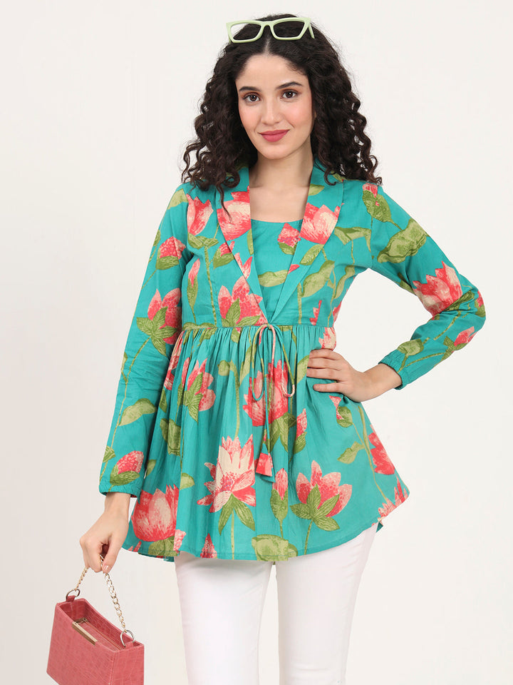Green-Floral-Printed-Cotton-Lepal-Neck-Peplum-Tunic-ONLY