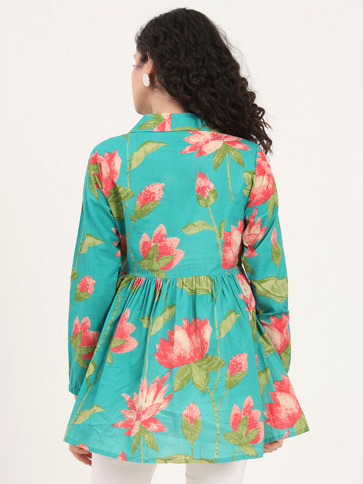 Green-Floral-Printed-Cotton-Lepal-Neck-Peplum-Tunic-ONLY