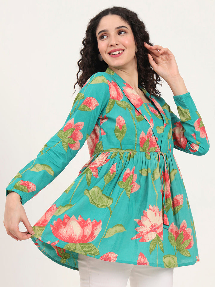 Green-Floral-Printed-Cotton-Lepal-Neck-Peplum-Tunic-ONLY
