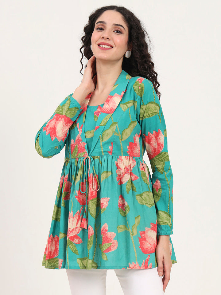 Green-Floral-Printed-Cotton-Lepal-Neck-Peplum-Tunic-ONLY