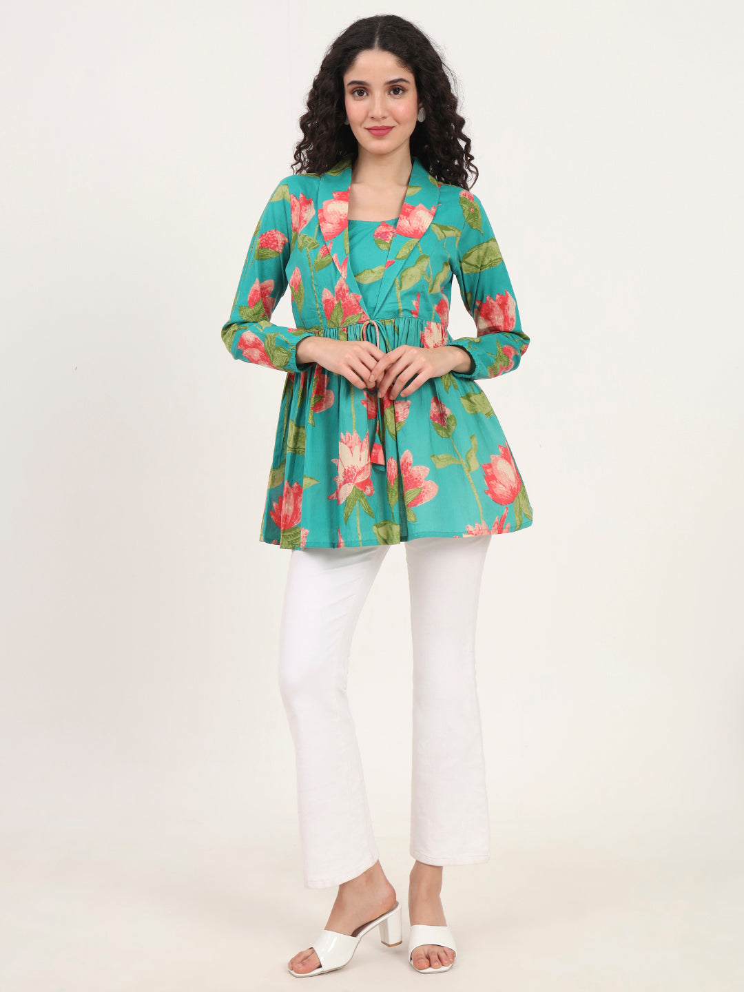 Green-Floral-Printed-Cotton-Lepal-Neck-Peplum-Tunic-ONLY