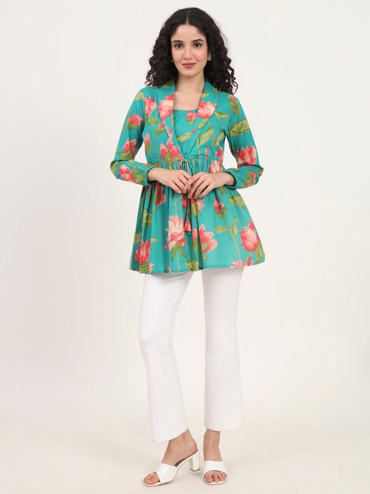 Green-Floral-Printed-Cotton-Lepal-Neck-Peplum-Tunic-ONLY