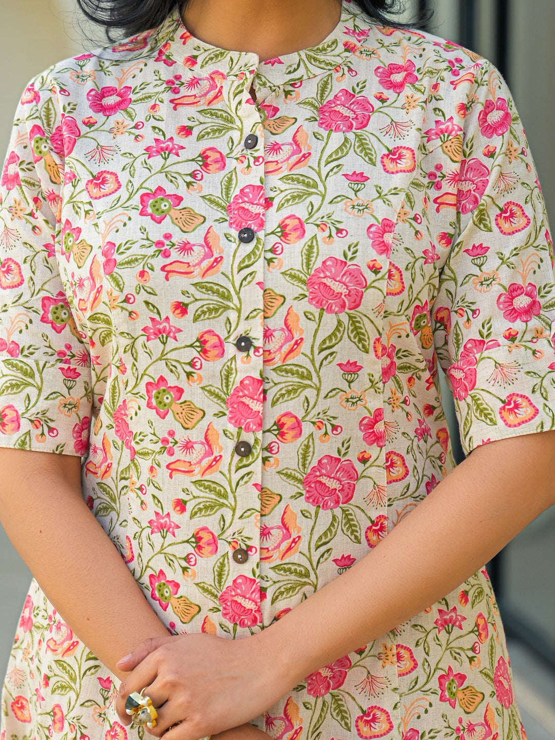 Off White Floral A-Line Cotton Kurta Pant Sets