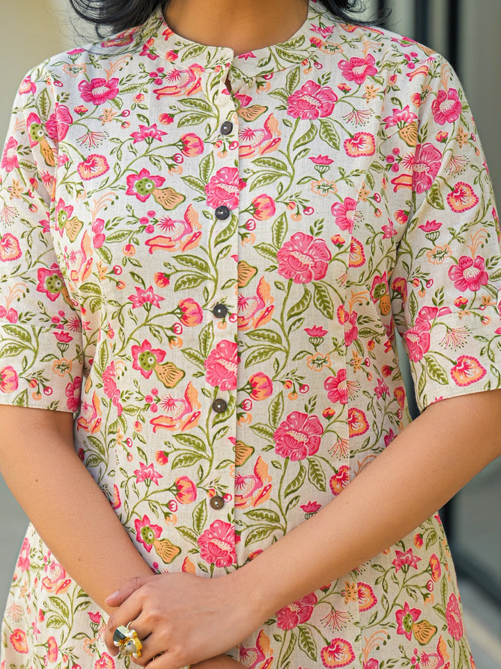 Off White Floral A-Line Cotton Kurta Pant Sets