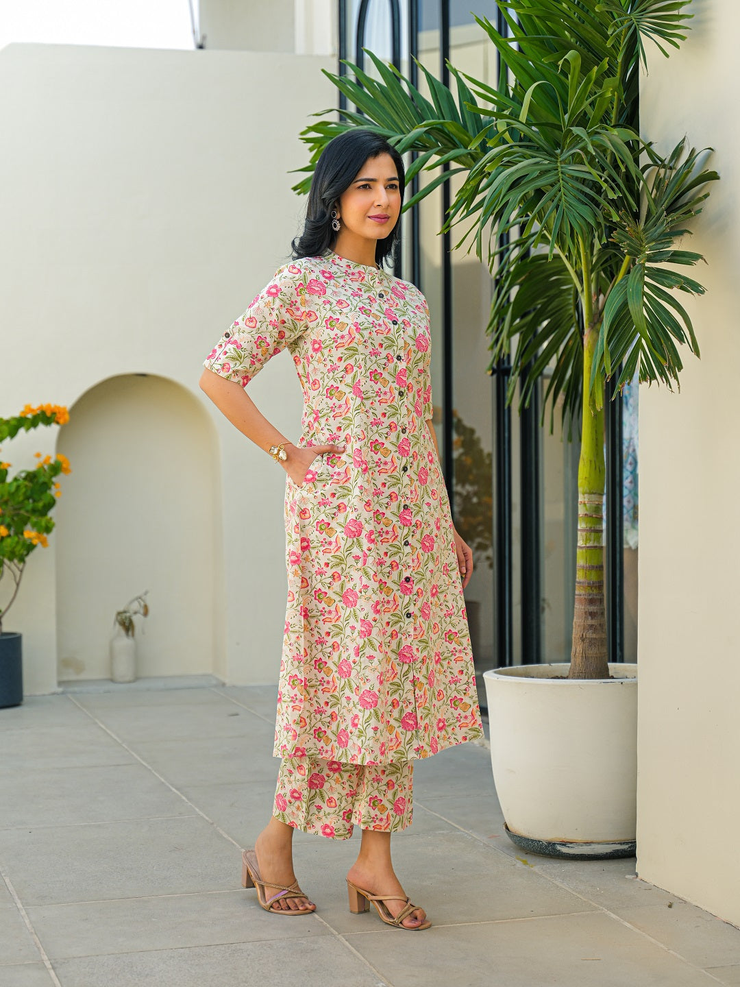 Off White Floral A-Line Cotton Kurta Pant Sets