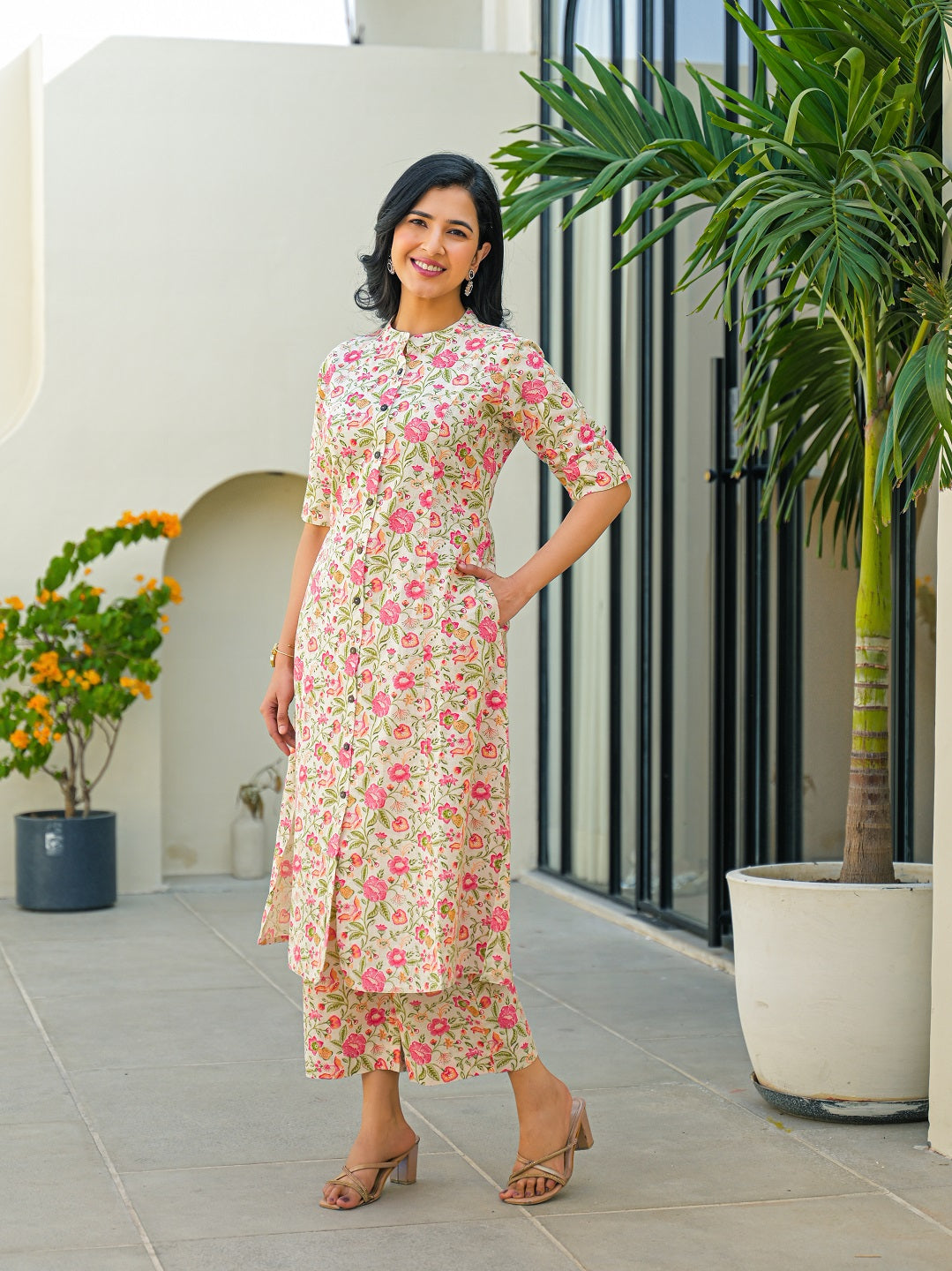 Off White Floral A-Line Cotton Kurta Pant Sets