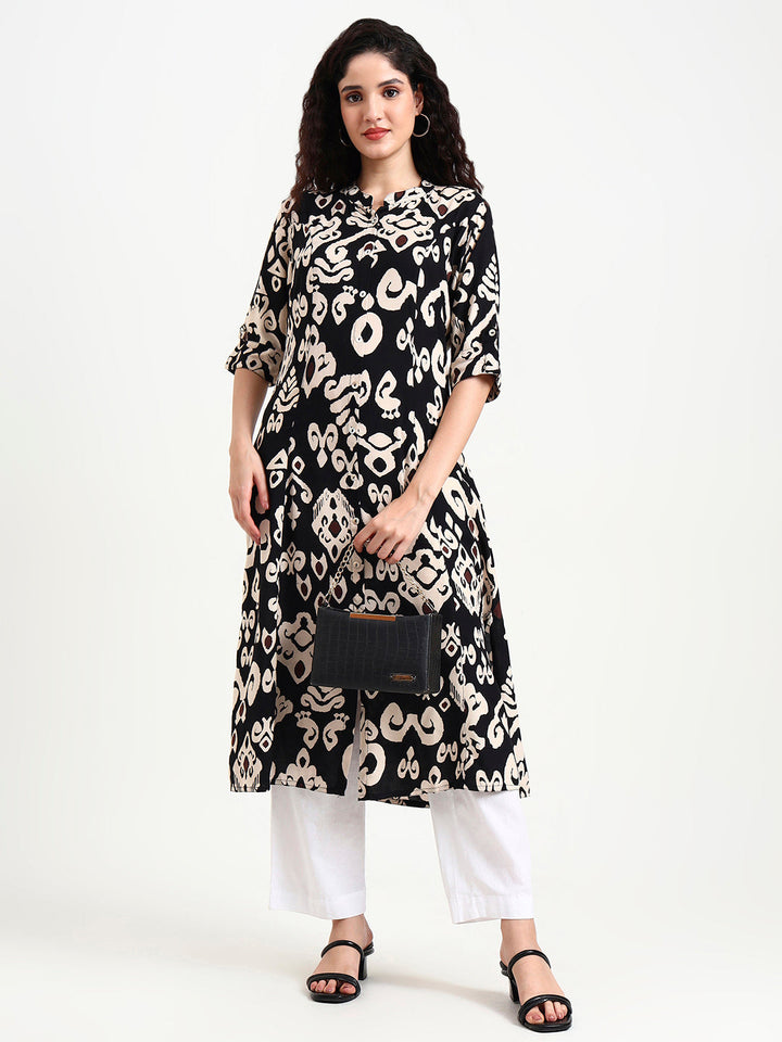 Black-Rayon-Asymetric-Print-Kurta-ONLY