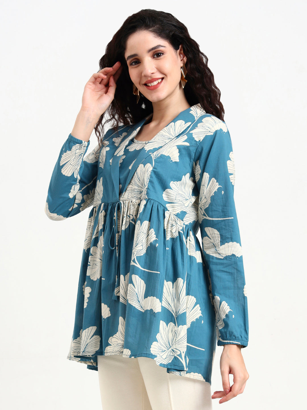 Teal-Blue-Cotton-Floral-Print-Top-Only