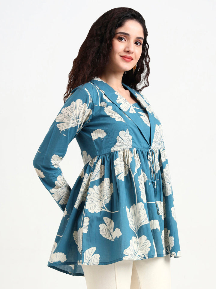 Teal-Blue-Cotton-Floral-Print-Top-Only