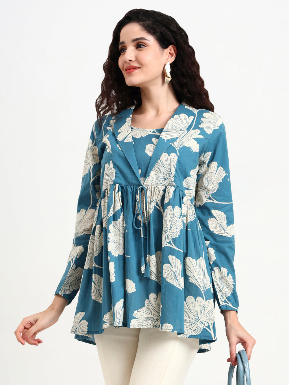 Teal-Blue-Cotton-Floral-Print-Top-Only