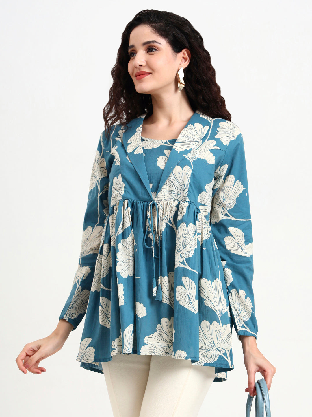 Teal-Blue-Cotton-Floral-Print-Top-Only