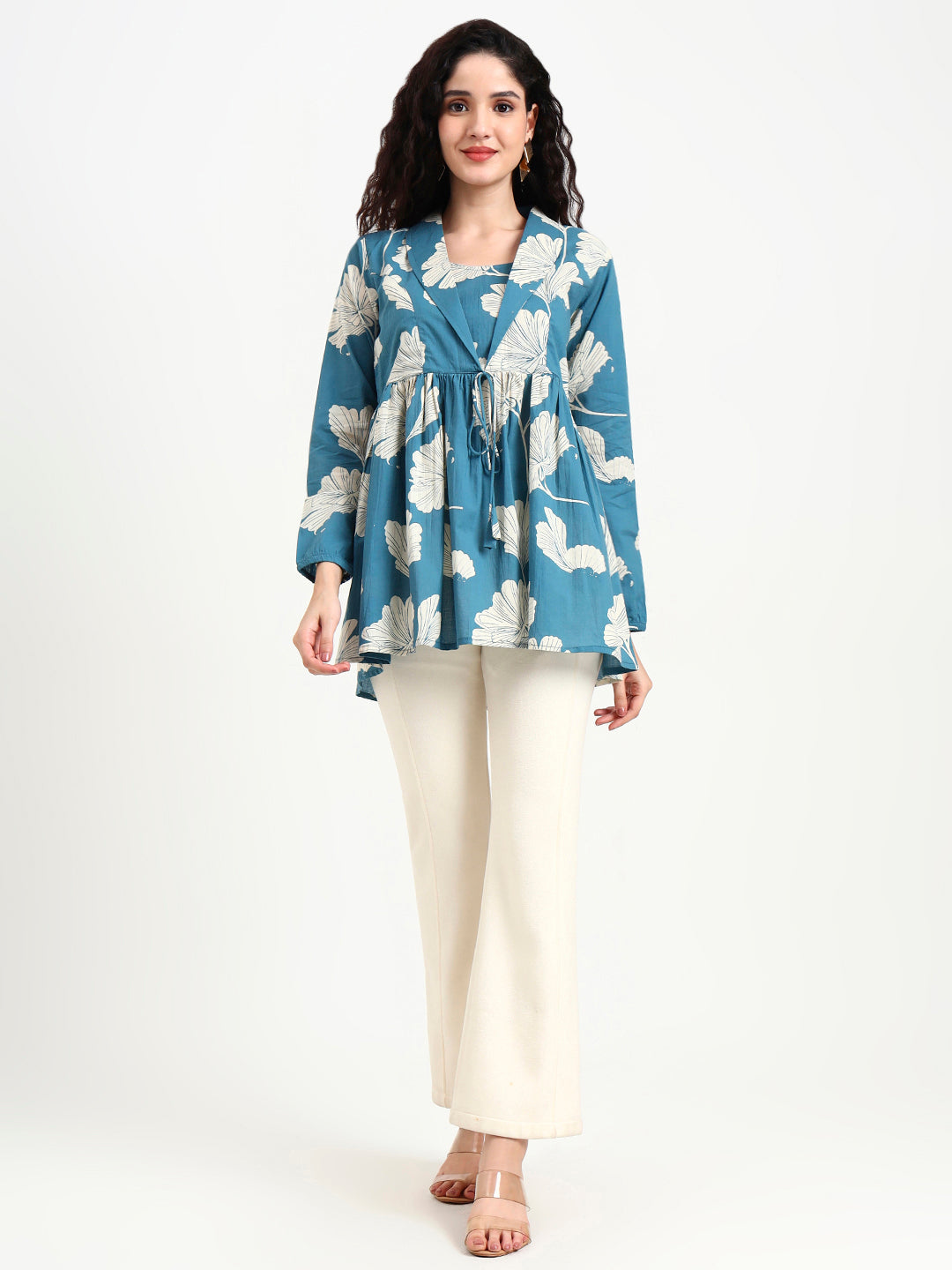 Teal-Blue-Cotton-Floral-Print-Top-Only