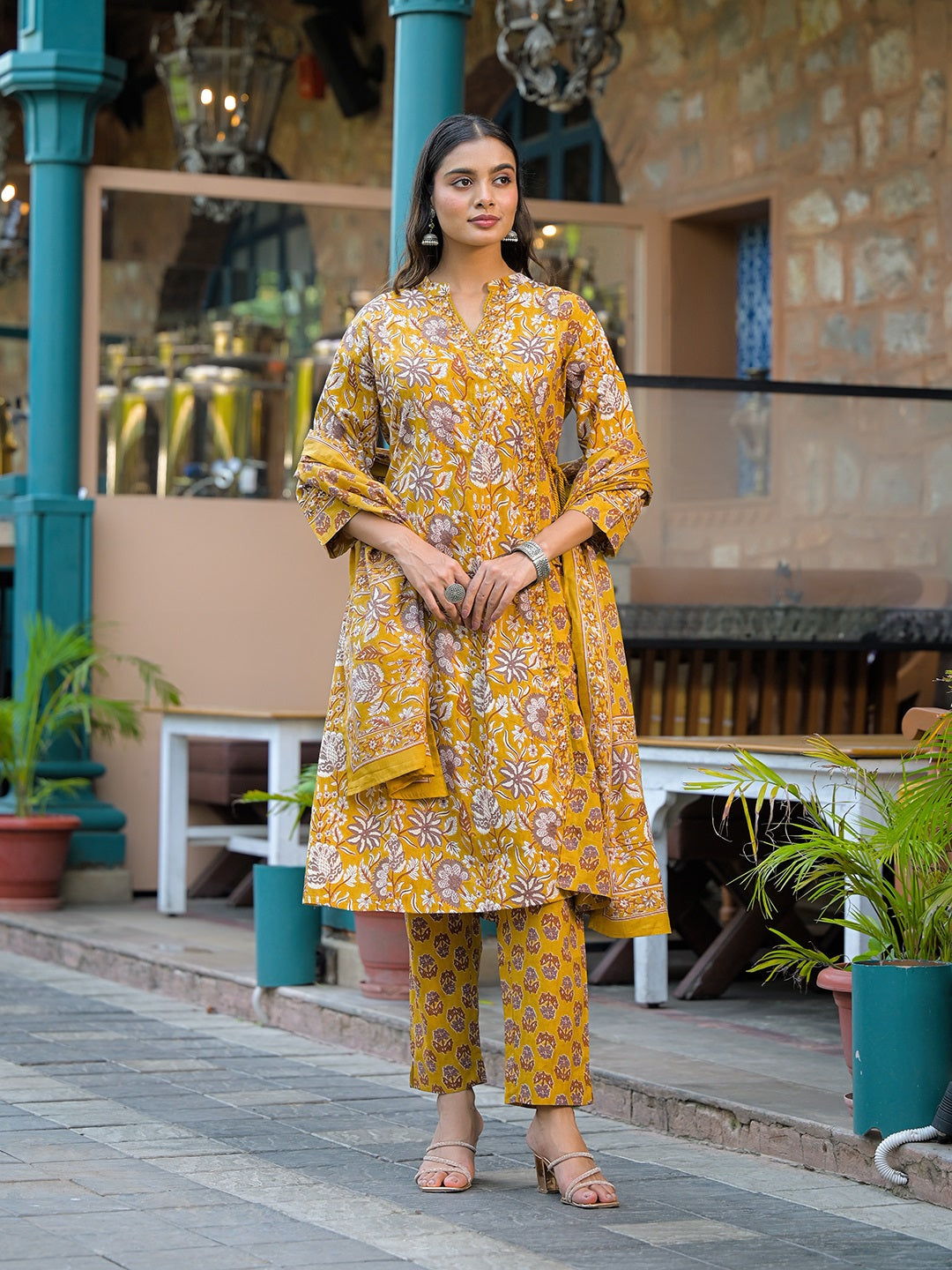 Mustard-Cotton-Floral-Print-3-Piece-Kurta-Set