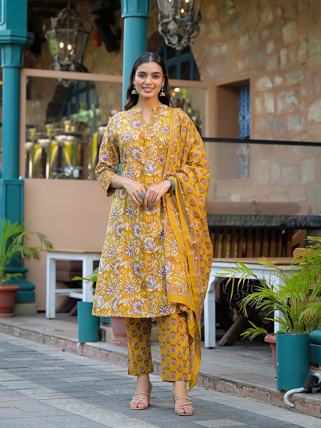 Mustard-Cotton-Floral-Print-3-Piece-Kurta-Set
