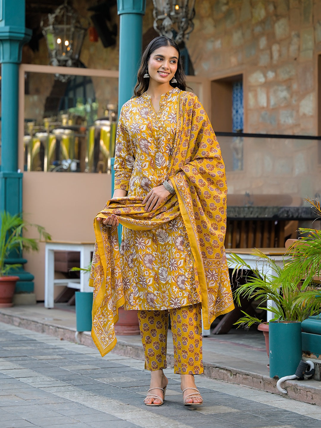 Mustard-Cotton-Floral-Print-3-Piece-Kurta-Set