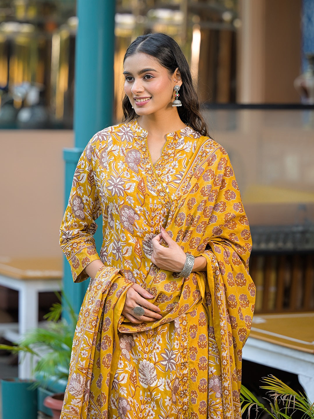 Mustard-Cotton-Floral-Print-3-Piece-Kurta-Set