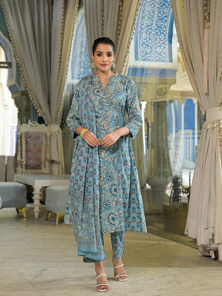 Blue-Cotton-Floral-Print-A-Line-3-Piece-Kurta-Set