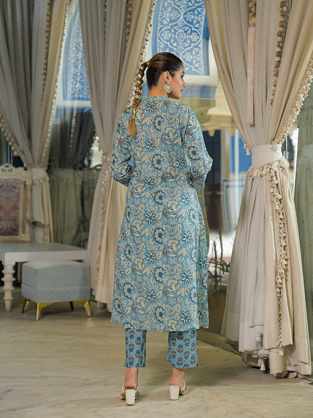 Blue-Cotton-Floral-Print-A-Line-3-Piece-Kurta-Set