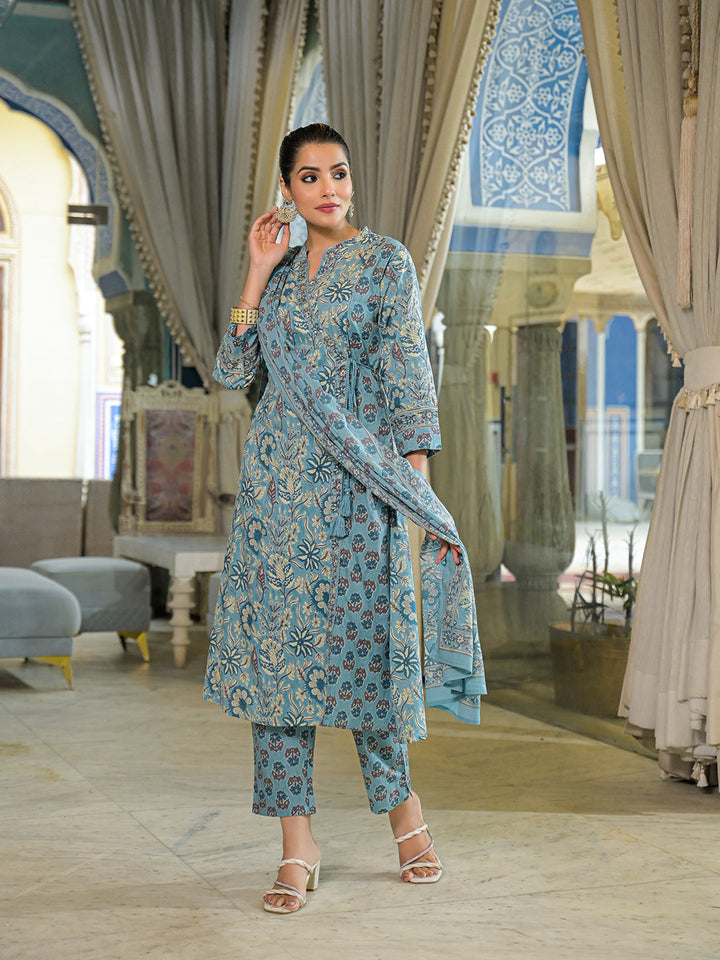 Blue-Cotton-Floral-Print-A-Line-3-Piece-Kurta-Set