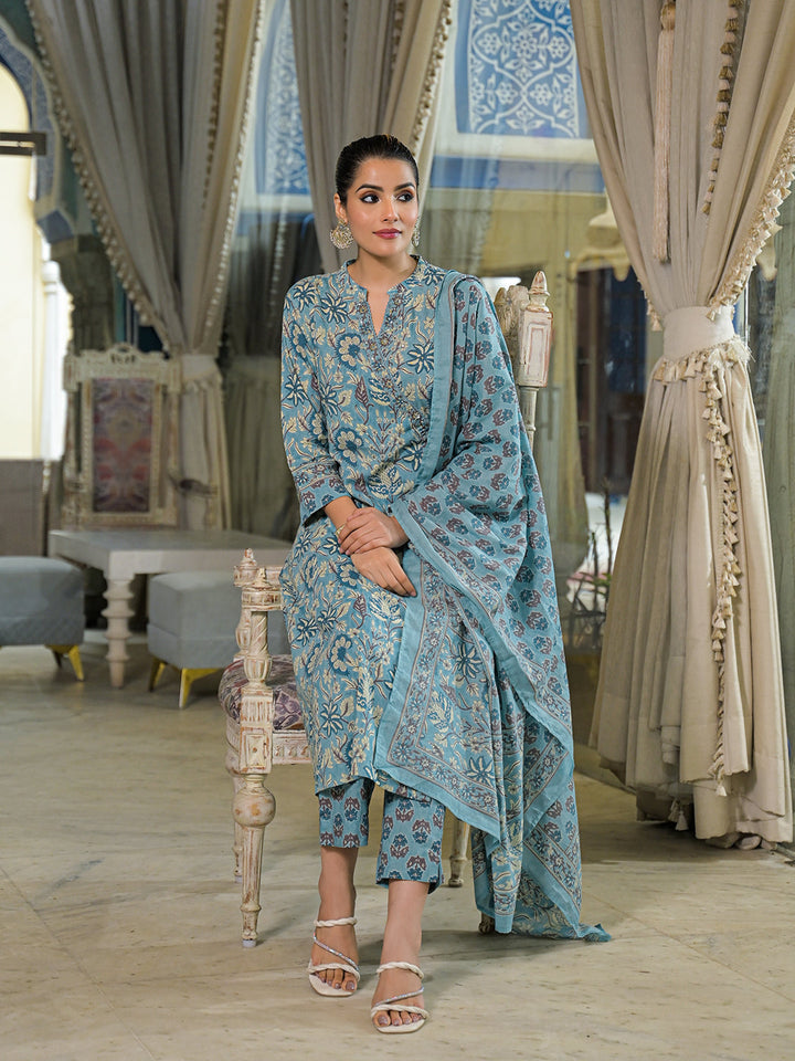 Blue-Cotton-Floral-Print-A-Line-3-Piece-Kurta-Set