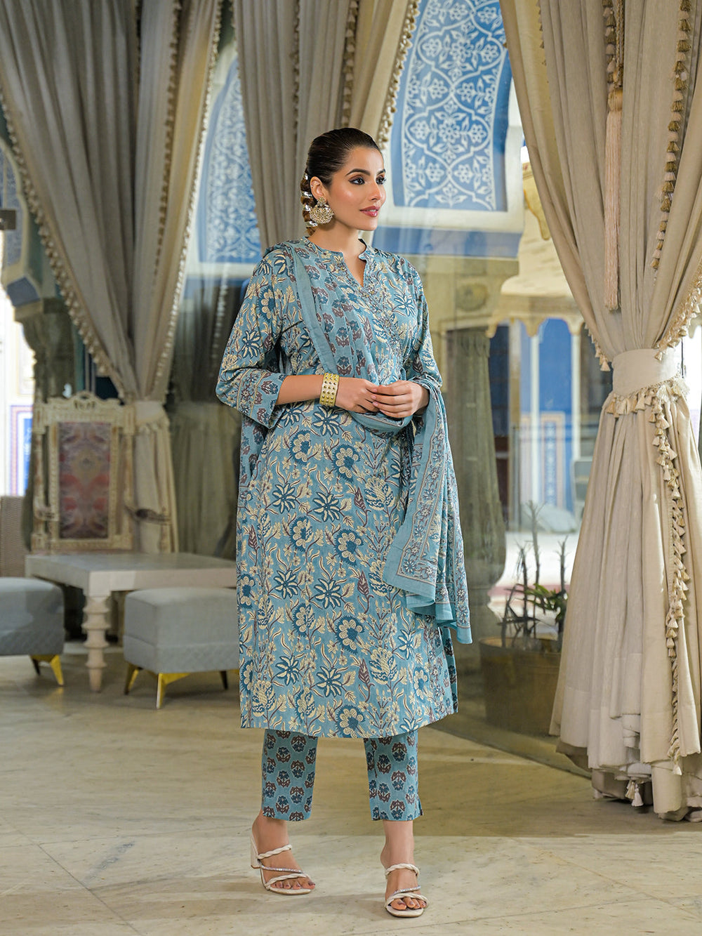 Blue-Cotton-Floral-Print-A-Line-3-Piece-Kurta-Set