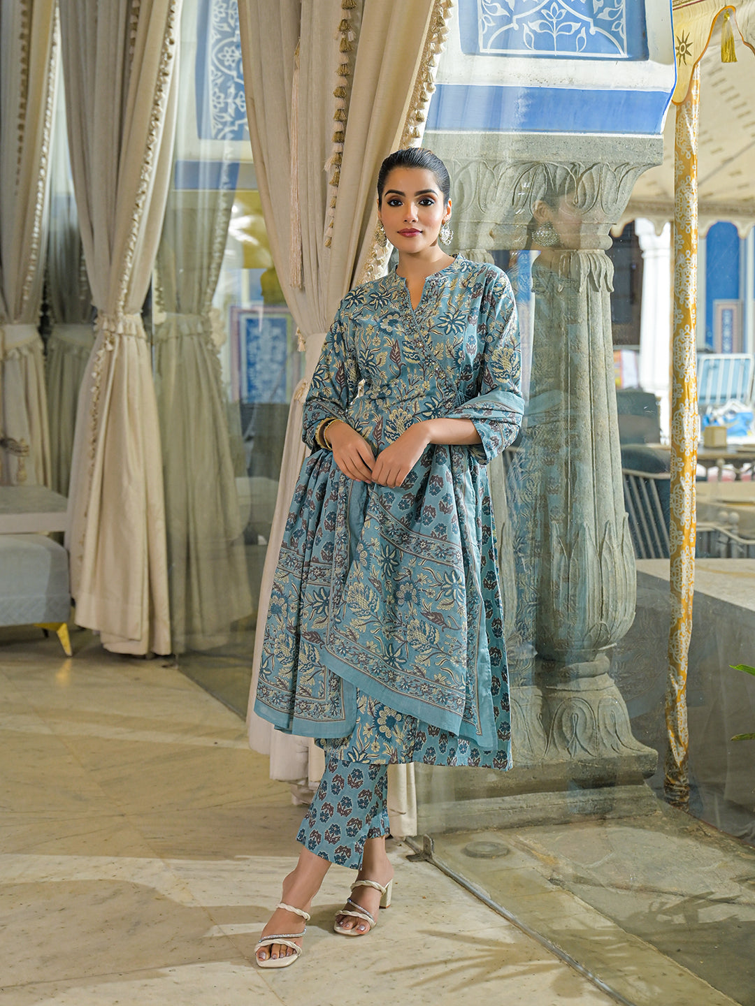 Blue-Cotton-Floral-Print-A-Line-3-Piece-Kurta-Set