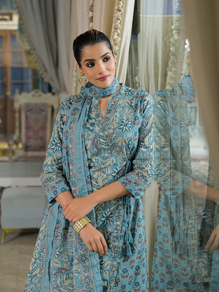 Blue-Cotton-Floral-Print-A-Line-3-Piece-Kurta-Set